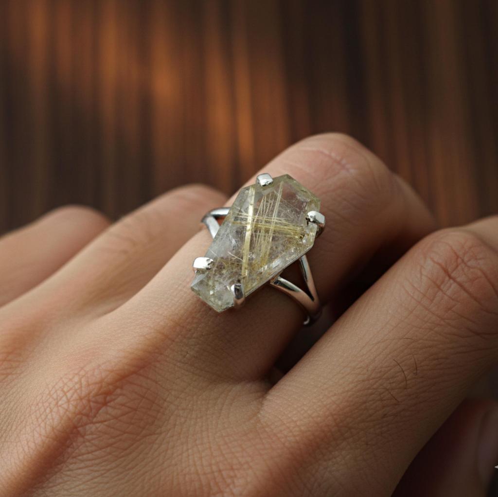 Coffin Ring, Golden Rutile Ring, 925 Solid Sterling Silver, Rutilated Quartz Gemstone, Gift for Her, Women Ring, Mothers Day Gift