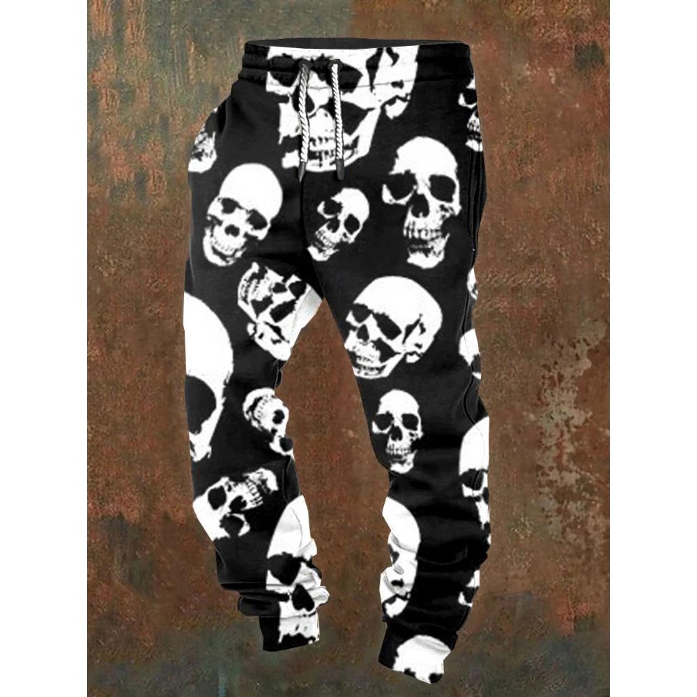 Men's casual jogging pants with drawstrings and Halloween skull prints, suitable for outdoor wear, autumn and winter fashion