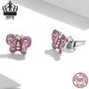 Aifle Sterling Silver S925 Pink Butterfly Earrings with Platinum-Plated Oil-Drop Design