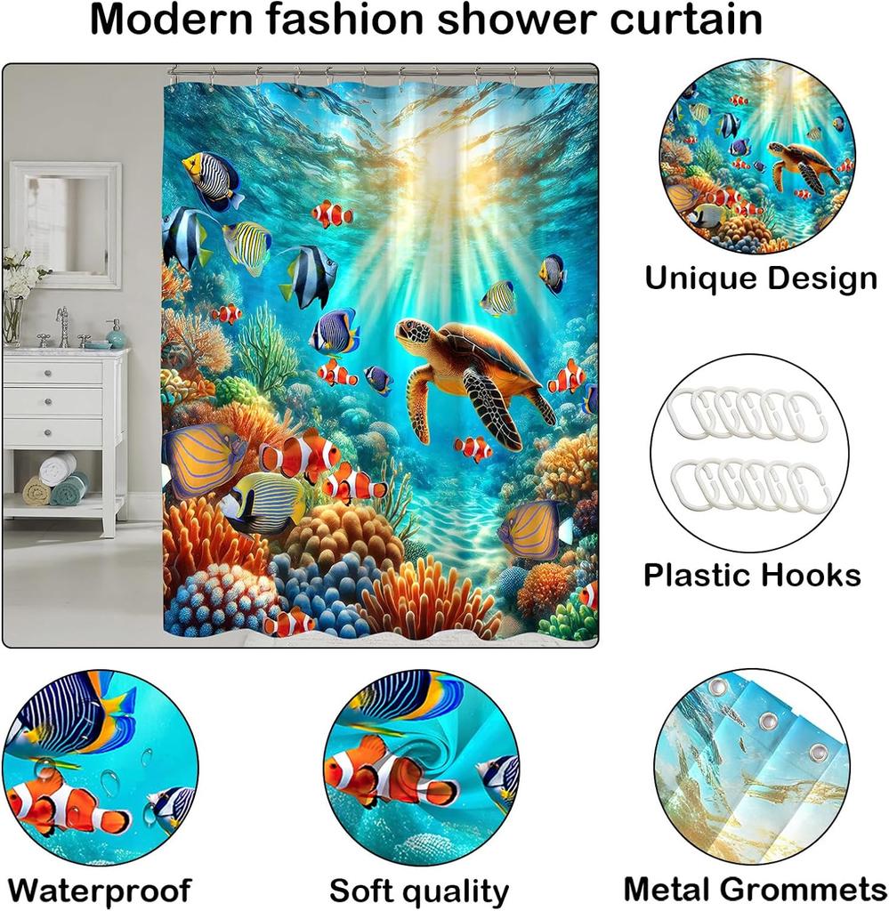 Sea Turtle Shower Curtain Ocean Beach Coastal Marine Life Bath Set with Hooks Home Decoration Fabric Waterproof for Bathroom