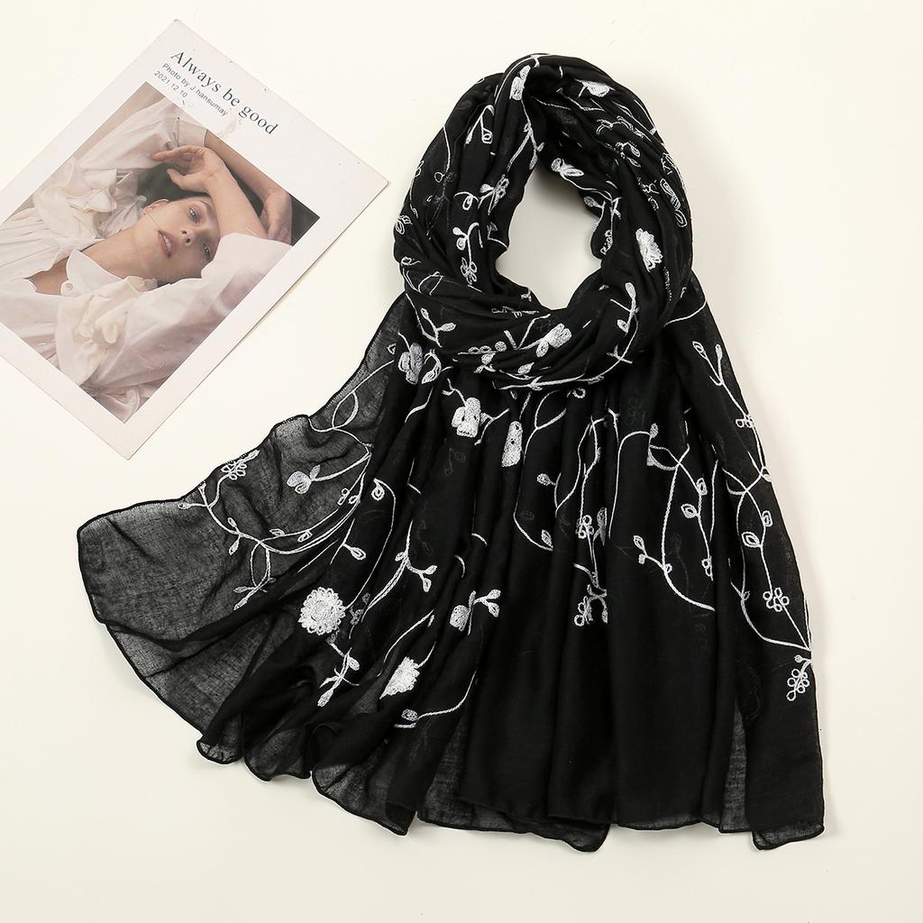 New Embroidery Cotton Hijab Scarf For Women Foulard Elegant Flower Long Scarf Headscarf Wraps Bandana Muslim Hijab Shawl Travel