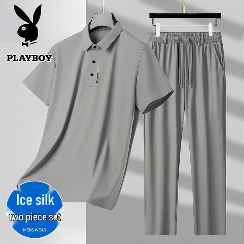 

Men s Ice Silk Breathable Polo Shirt & Straight Pants Set M