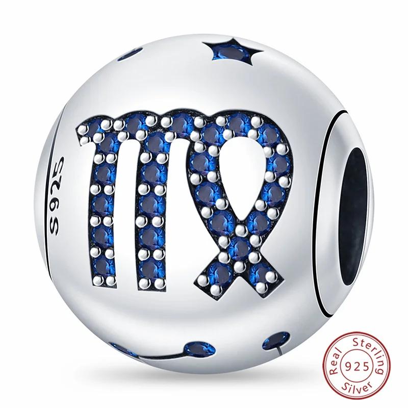 Copper Metal Blue Zircon 12 Constellation Charm Bead Components Bead Component Compatible With Authentic Original Bracelets High Quality Fine Do It