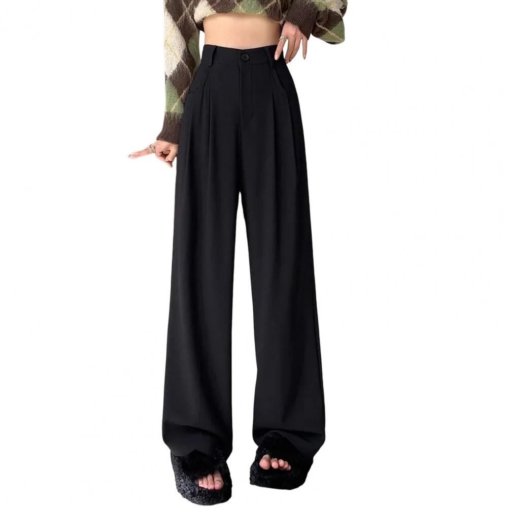 Women Long Pants Button Zipper Fly High Waist Office Lady Trousers with Pockets Solid Color Straight Wide Leg Suit Pants