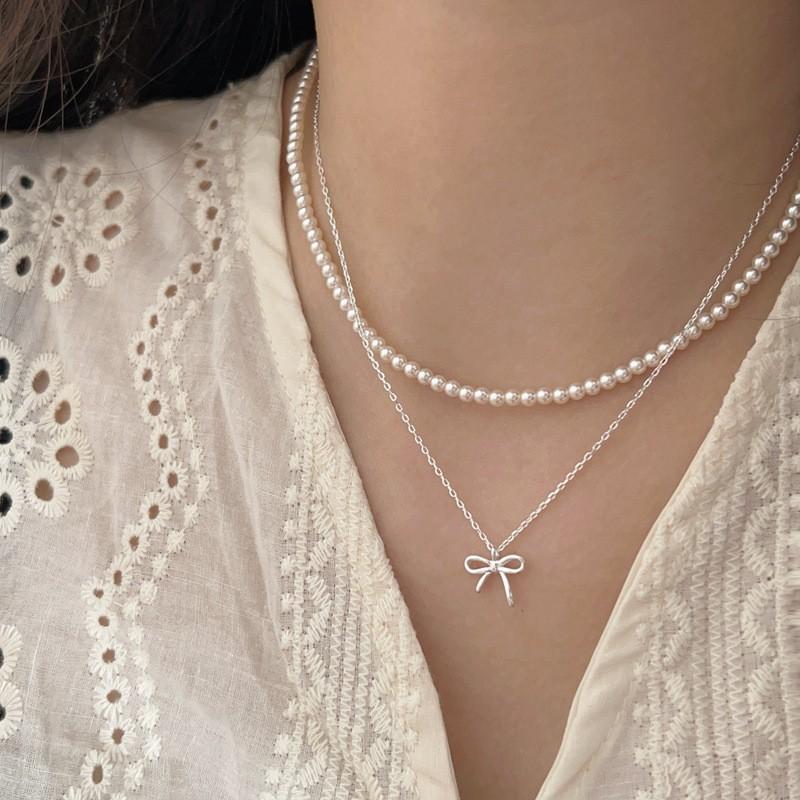 Elegant Double Layered Pendant Necklace With Pearl Bow Charm In Sterling Women Adjustable 41-50cm O-Link Chain