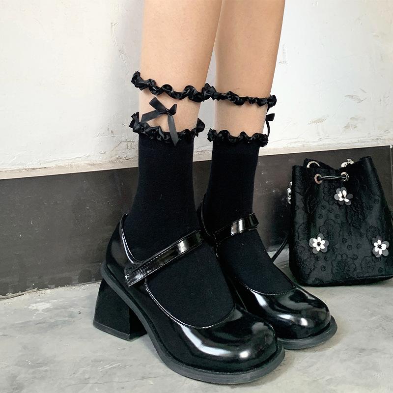 Socks Woman Summer Lolita Cute Solid Color Low Tube Lace Dots Bowknot Transparent White Socks