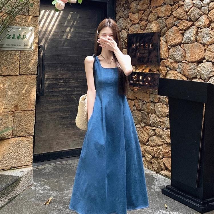 Blue Mist Love French Denim Dress Women's Summer Niche Design Sense Waist Temperament Suspender Long Dress