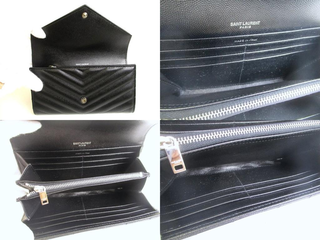 Authentic Saint Laurent YSL Silver YSL Motif Black Leather Long Flap Wallet #a875  Refurbished