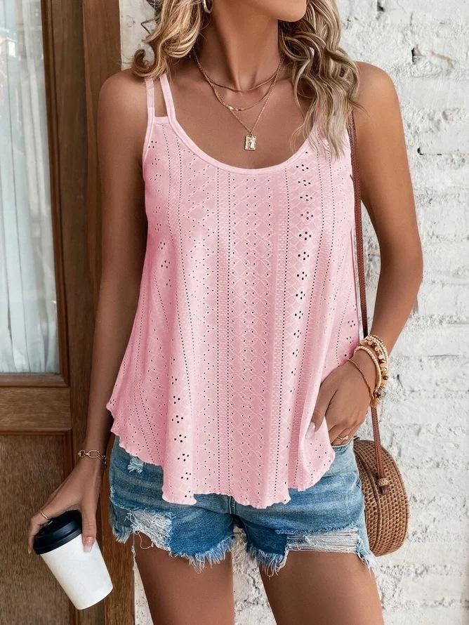 Dames Ronde Hals Mouwloze Tanktop Losse Pasvorm Broderie Jacquard Spaghettibandje Camisole Zomer Laagjes Basic Top