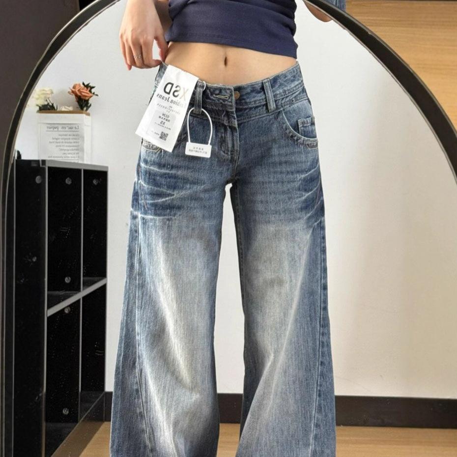 comfortable Large Size Crease Jeans Women Autumn Low Waisted Retro Loose Skinny Straight Dragged Wide Legged Trousers Jeans for Women Long Denim Pants
