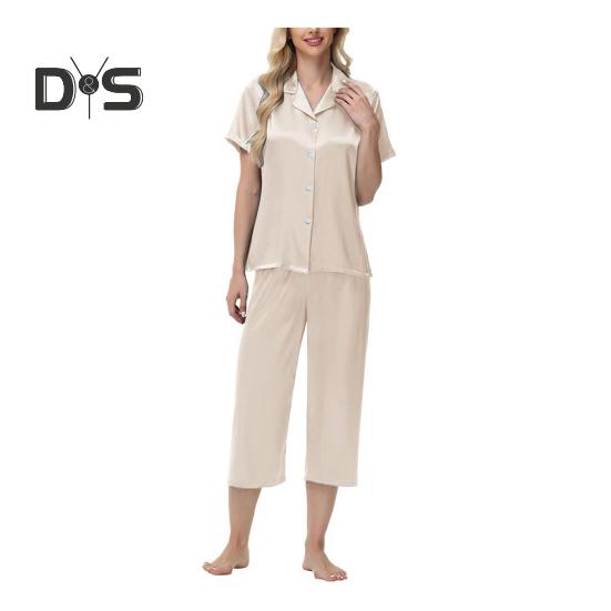 2-teiliges Set aus Seidenpyjama mit Revers und Button-Down-Langarmhemd, elastischer Bund, weites Bein, verkürzte Hose, Homewear, lässiges Outfit, Frühlingsnachtwäsche