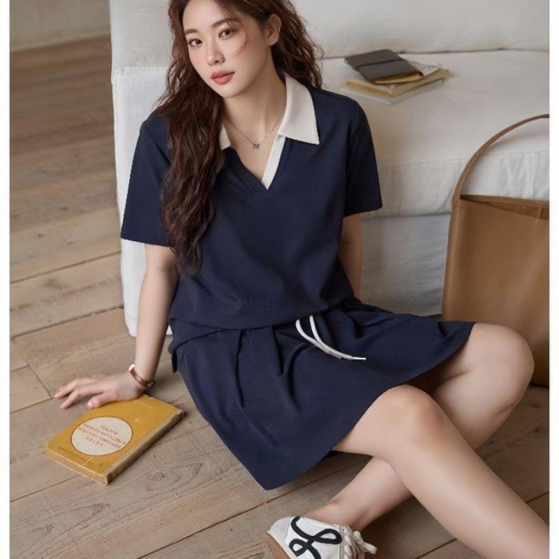 Women s Navy Blue Contrast Collar Polo Top And Shorts 2 Piece Set XL темно-синий