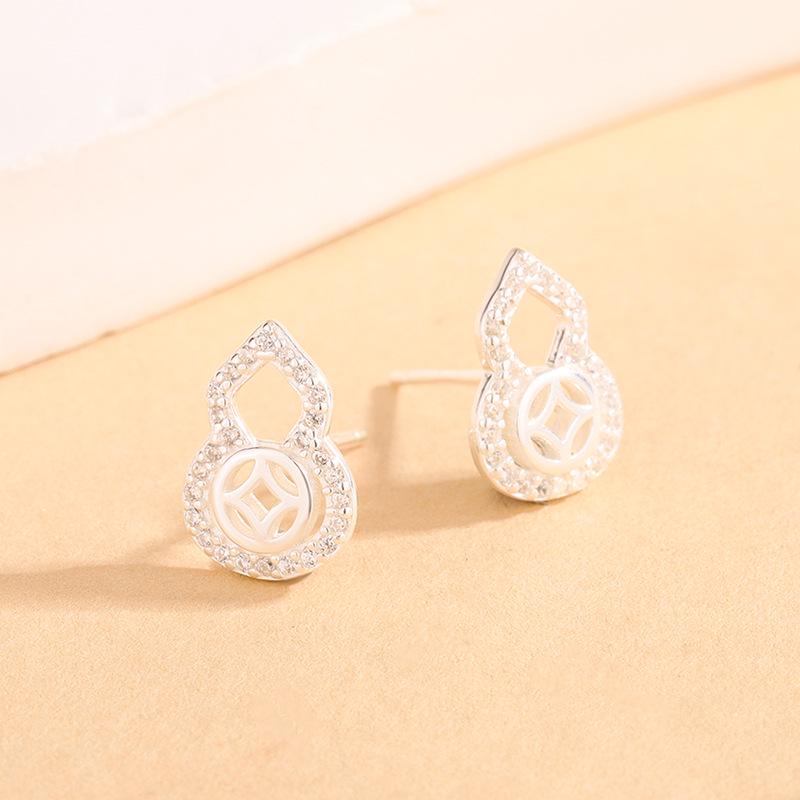 S925 Sterling Silver Micro-Paved Money Gourd Stud Earrings - European & American Retro High-End Jewelry 925 Silver