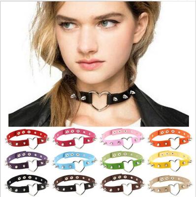 Spike Studded Heart Necklace Punk PU Leather Collar for Women Gothic Harajuku Jewelry