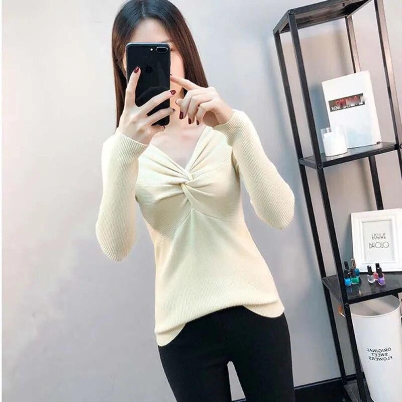 Pullover mit V-Ausschnitt für Damen, schmale Passform, kurzes Oberteil, Pull-Pullover, Strickpullover, solide Langarm-Damen, Frühling und Herbst