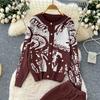 Autumn Winter Women Casual Print Knitted Sweater Trouser Two Piece Set Single Breasted Jacket Tops and Drawstring Pant Tracksuit