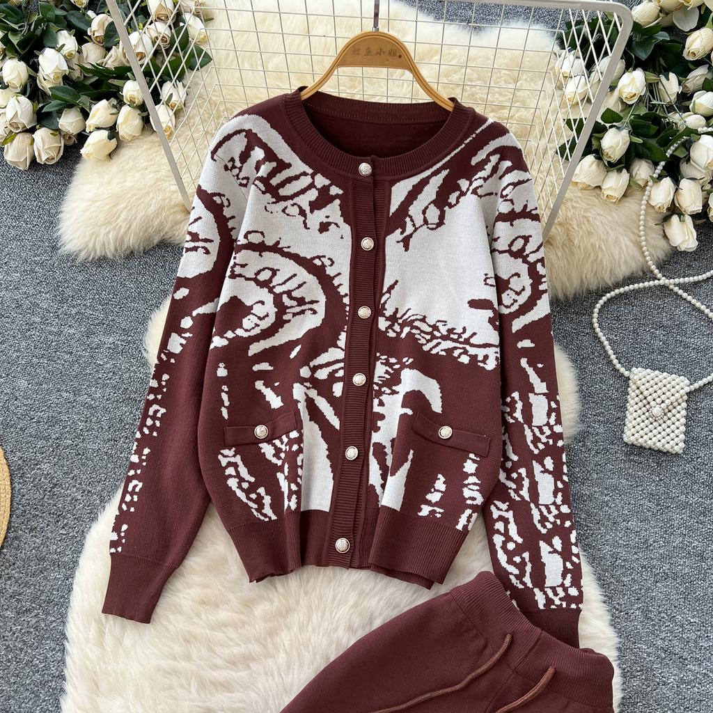 Autumn Winter Women Casual Print Knitted Sweater Trouser Two Piece Set Single Breasted Jacket Tops and Drawstring Pant Tracksuit