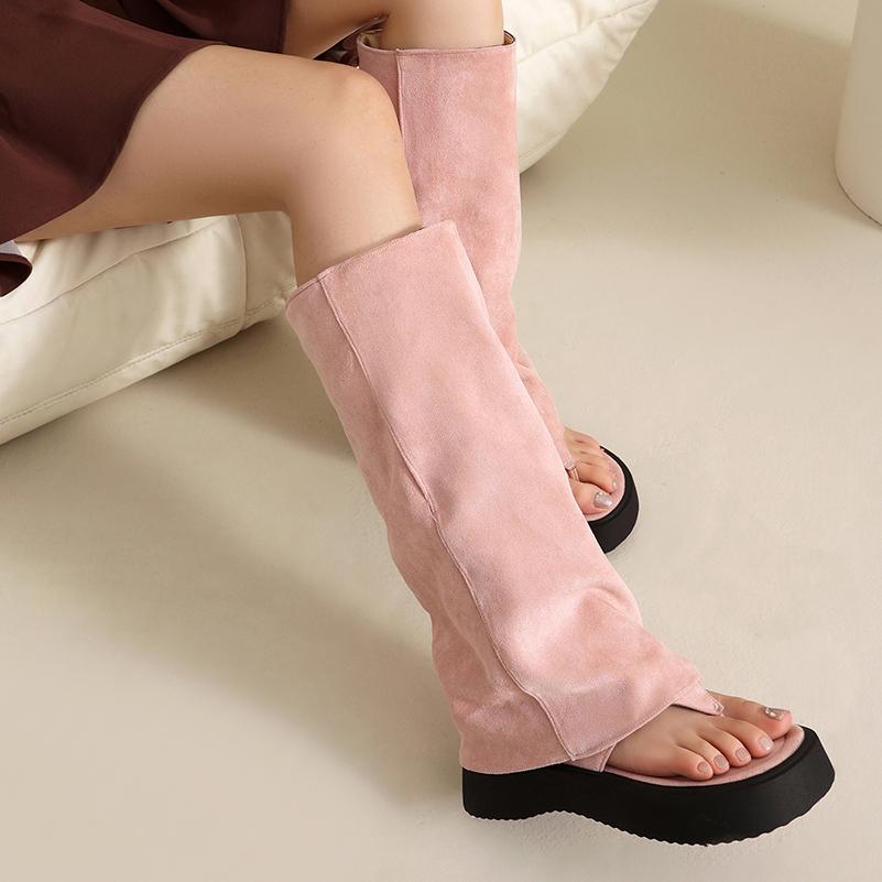 Plus Size Frosted Suede Material Flat Bottom Clip Toe Cover For Women's Summer Midsole Boots Breathable Lining Peep Toe Boots