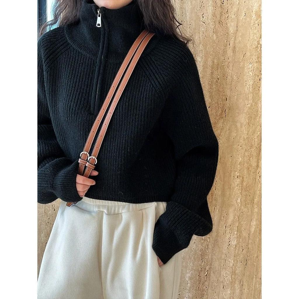 Half Zip Collar Sweater Women Pullovers Soft Knitted Long Sleeve Short Jumper Fall Winter Teen-girl Korean Fashion Outfit