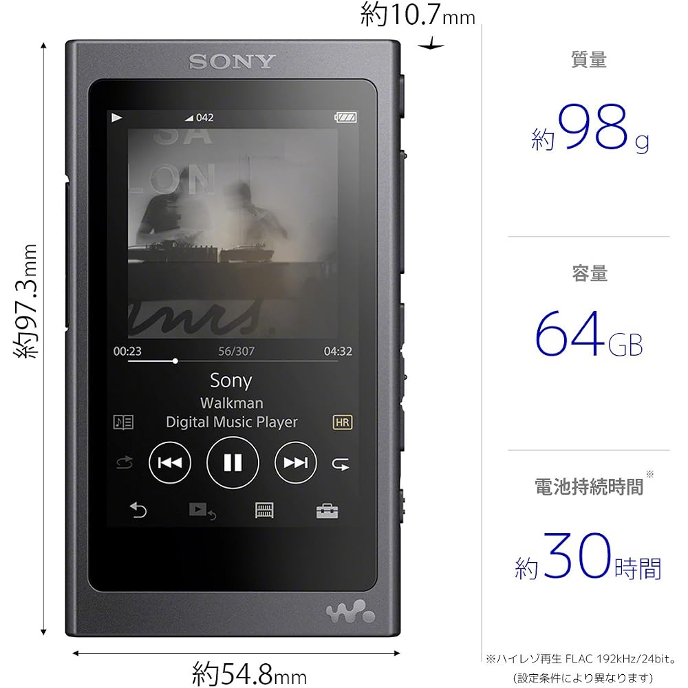 Sony Walkman A Series 64GB NW-A47: Bluetooth/microSD/High-Resolution Audio Compatible, Up To 39 Hours Continuous Playback, 2017 Model, Grayish Black N
