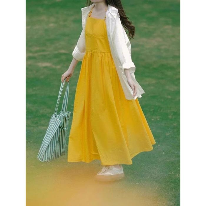 

Dopamine yellow sleeveless suspender dress women s summer French high-end seaside vacation super fairy beach skirt S