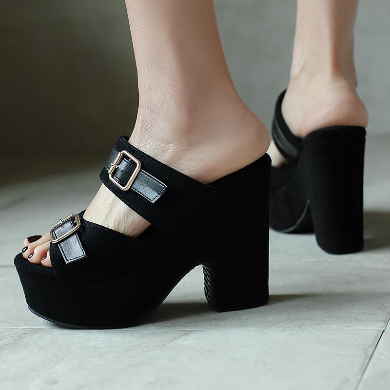 Thick High Heels Women's Slippers Platform Summer Mules Shoes Ladies Sandals Sexy Green Pink Heeled Party Shoes Large Size 43