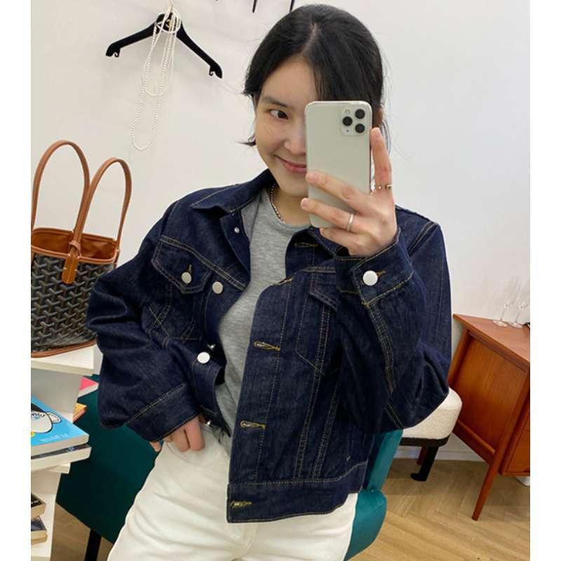 

Джинсовая куртка на пуговицах, женская осенне-зимняя повседневная новая винтажная куртка с длинным рукавом, шикарная однотонная куртка с отложным воротником One size тёмно-синий