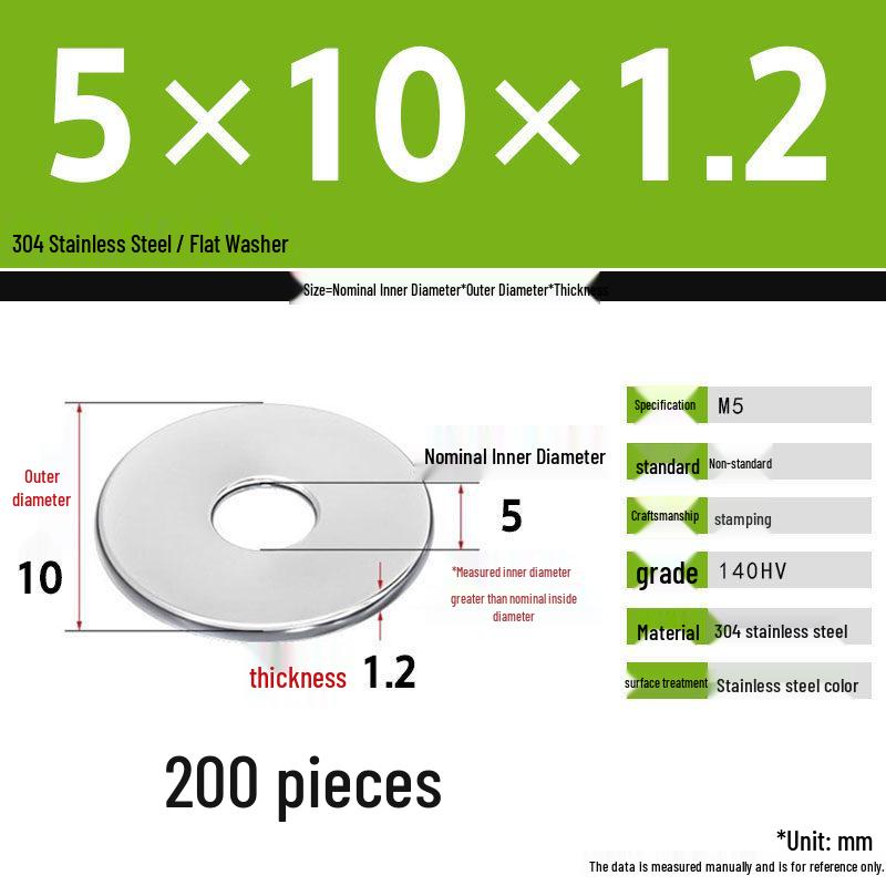 304 Stainless Steel Thickened Flat Washer Set, Sizes 2-36