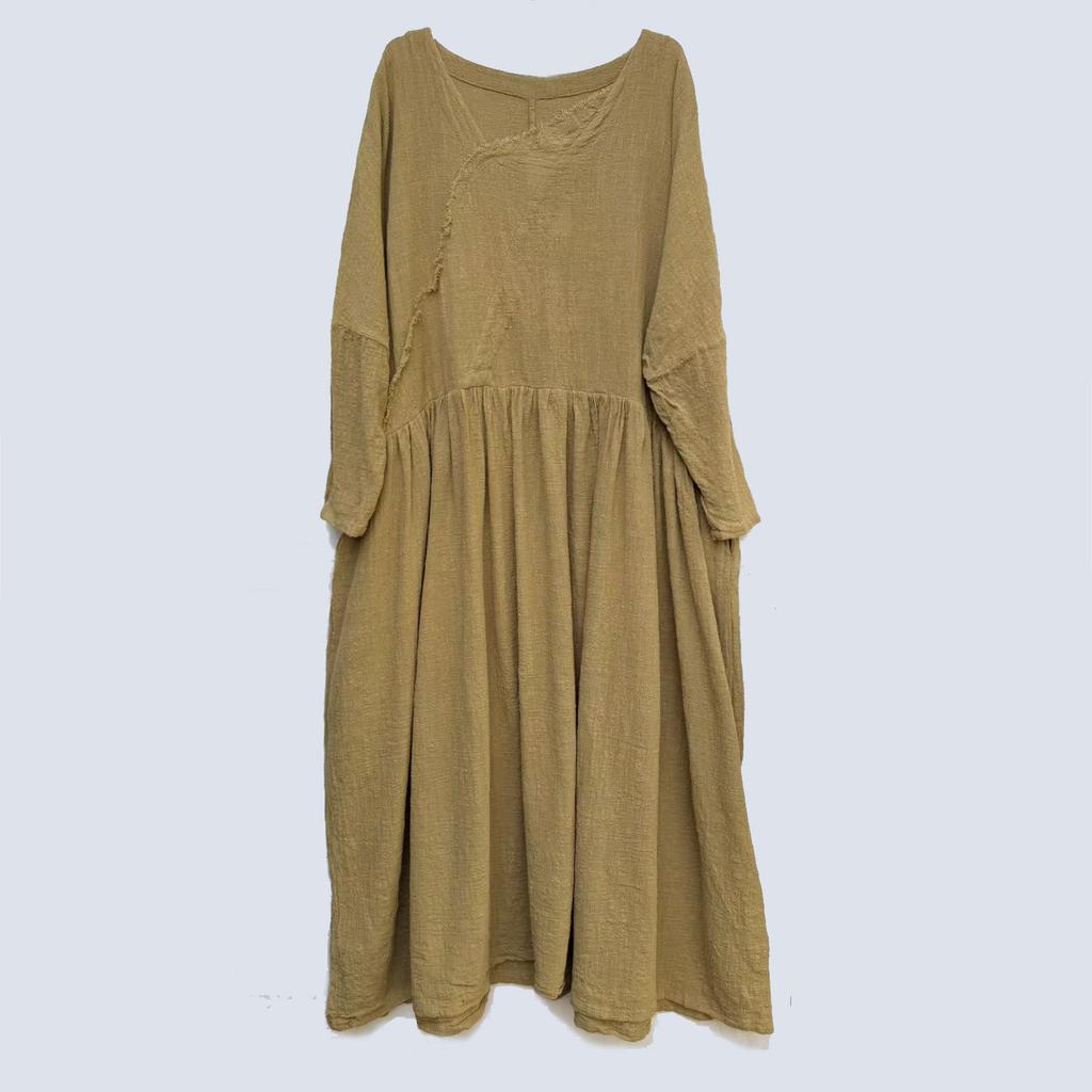 Johnature Women Vintage Dresses Spring Chinese Style Solid Color Robes V-Neck Long Sleeve A-Line Dress