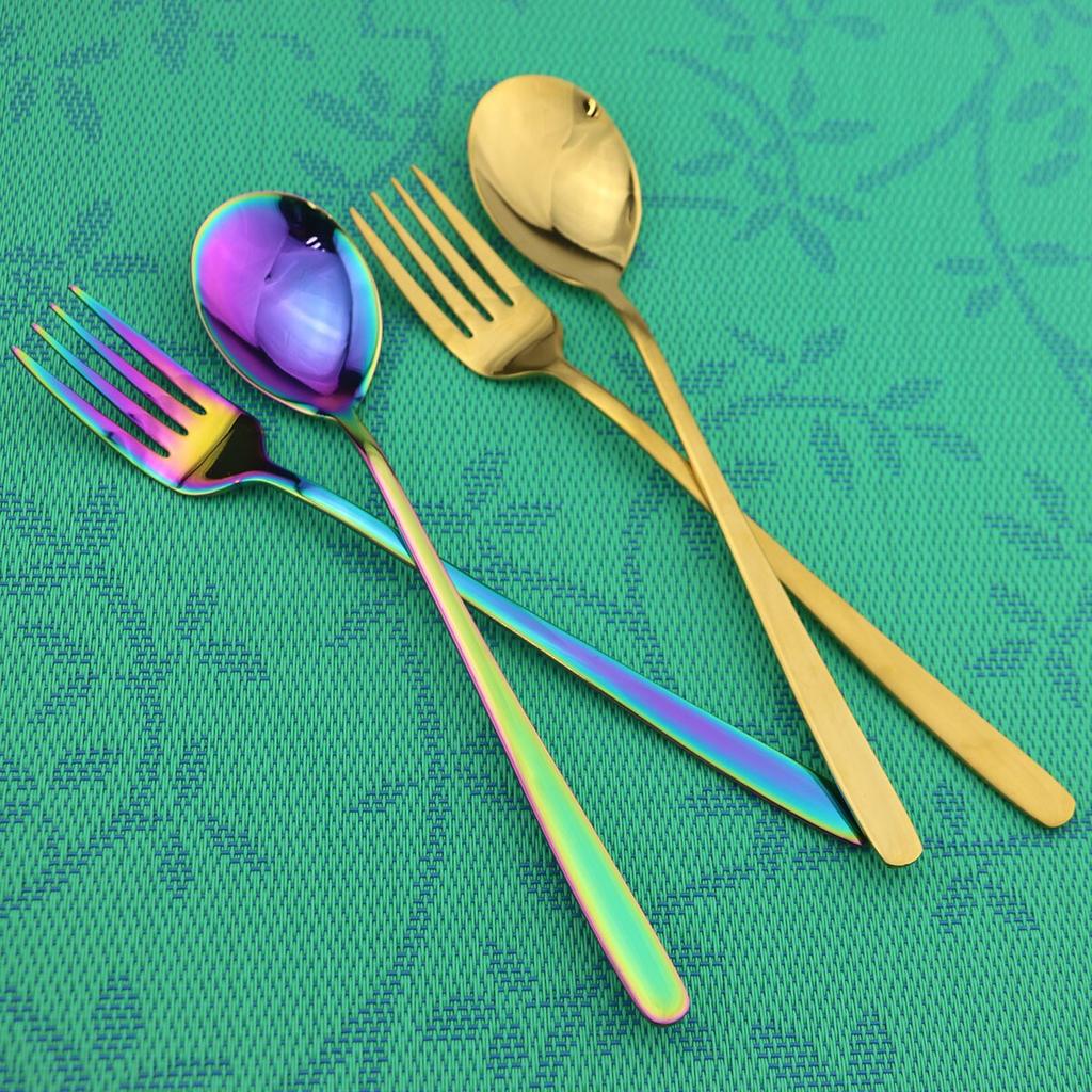 2pieces Colorful Gold Dinnerware 18/8 Stainless Steel Serving Spoon Fork Spork Set Salad Serving Spoons Kitchen Utensils