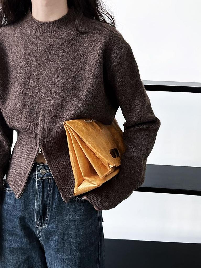 Knit Top Sweater for Long Crew Short Zip Slimming Available in Three Brown [JINJUDUO] Women, Sleeve, Autumn/Winter, Lightweight, Neck, Casual,