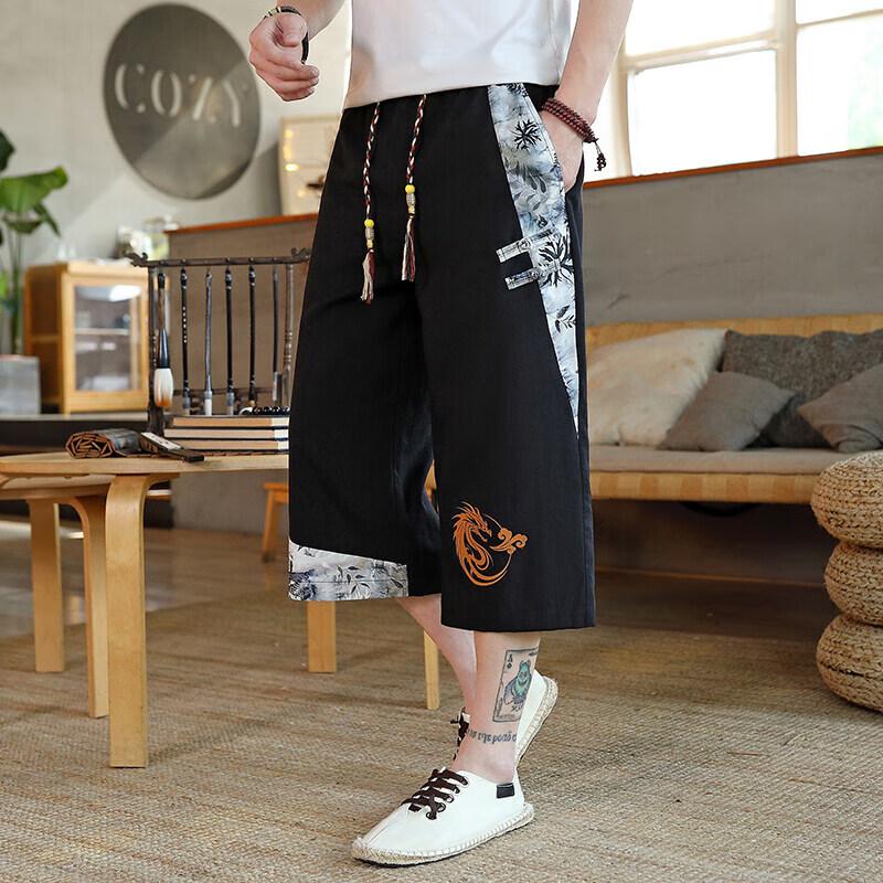 Men s New Chinese Style Dragon Pattern Cooling Ice Silk Capri Shorts 3XL