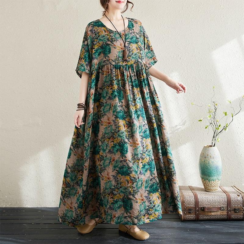 Short Sleeve Plus Size Cotton Vintage Floral New In Dresses for Women Casual Loose Long Summer Dress