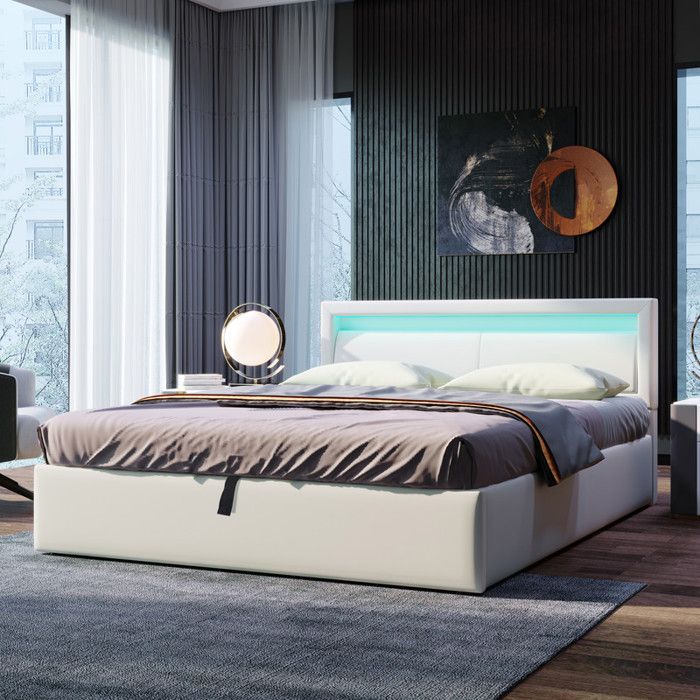 Upholstered Bed - MUVOE - 140x200 Cm - LED - Faux Leather - Headboard 80 Cm