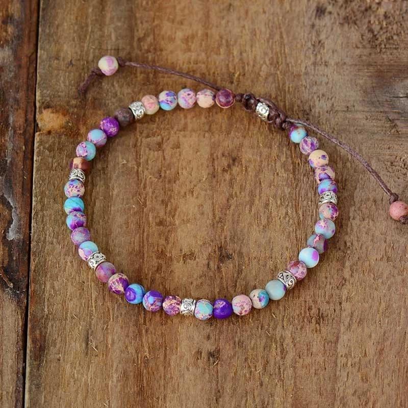 8mm Purple Imperial Jasper Beaded Bracelets for Women, Adjustable Crystal Bracelets with Alloy Bead, Simple Stone Jewelry