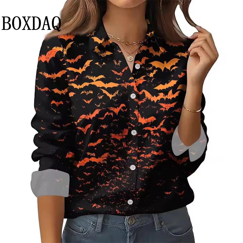 Neues 2025 Damen 3D-Druck Fledermaus Spinnennetz Langarmshirt Mode Halloween Party Lässig Täglich Revers Damen Langarmshirts