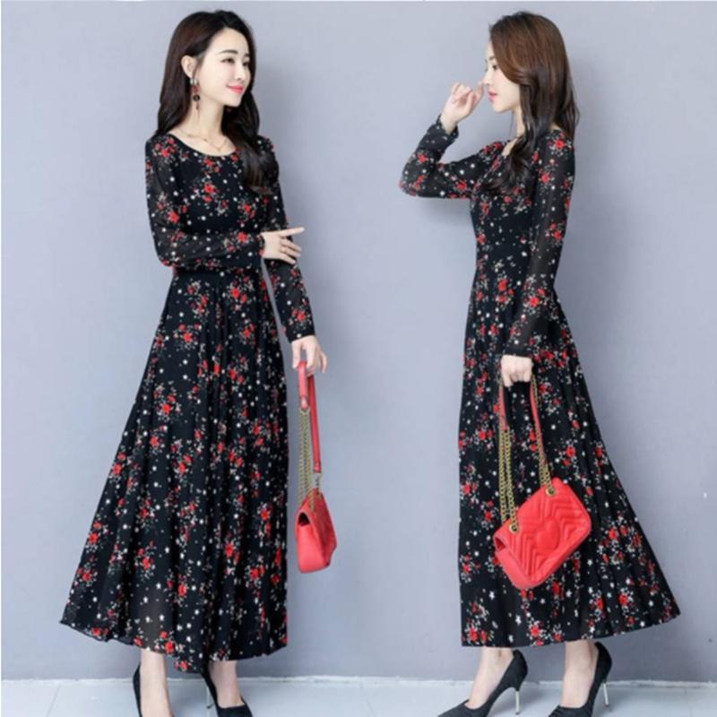 Jaro Nový Korejský Styl Rozšířený Styl Potisk Rozšířené Šaty Dlouhý Rukáv Nad Koleno Kulatý Výstřih Plážová Sukně