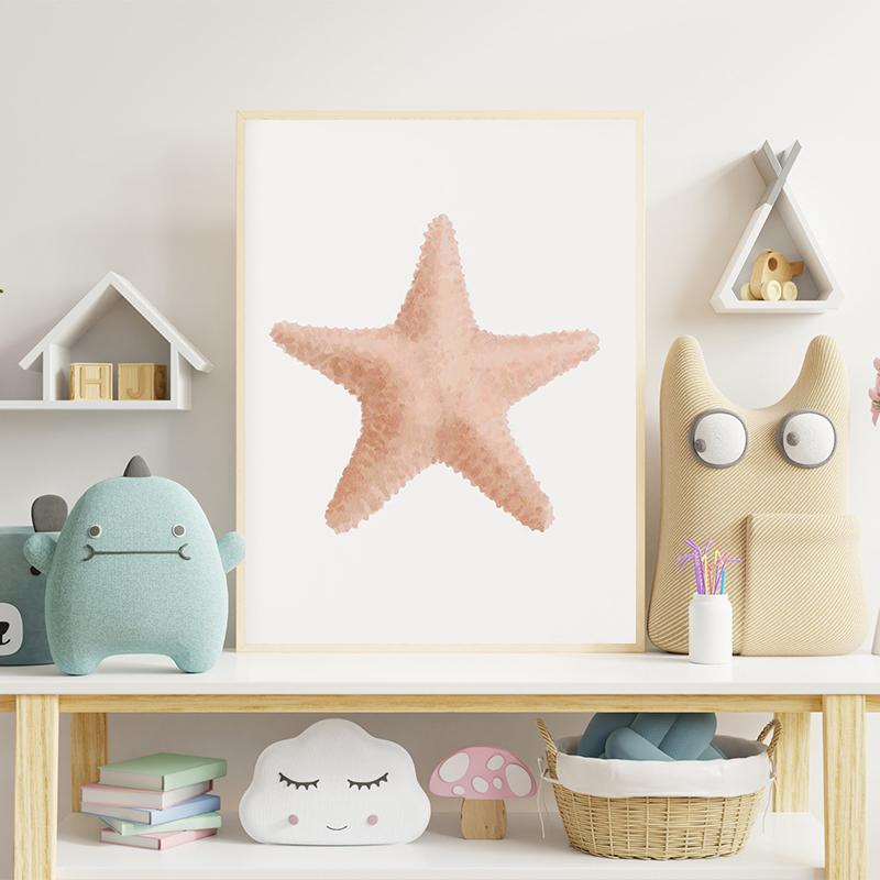 Beach Crab Conch Coral Starfish Shell Sand Watercolor Poster Canvas Printing Coastal Wall Art Picture for Living Room Home Decor