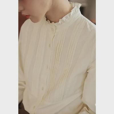 Nesolum French Retro Long Sleeve Ruffled Shirt with Stand Collar