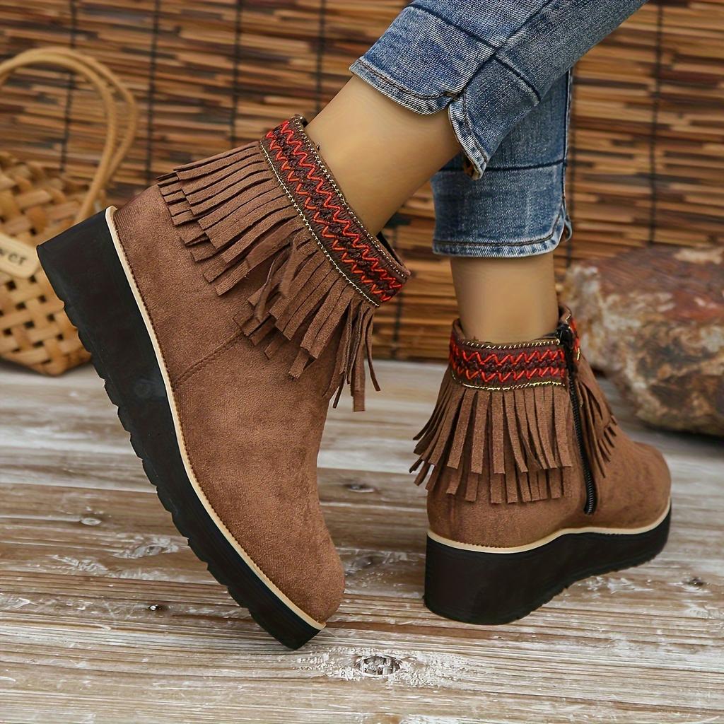 Autumn and Winter New Fringed Boots Women's Fashion Platform Small Wedge Boots Frosted Suede Round-toe Booties