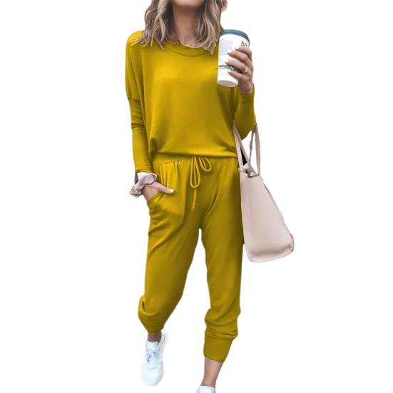 2 ks/sada dámských topů a kalhot, obleku s kulatým výstřihem, dlouhým rukávem, jednobarevné pyžamové prádlo, sportovní mikina se stahovací šňůrkou, elastický pas, kalhoty, fitness oblečení