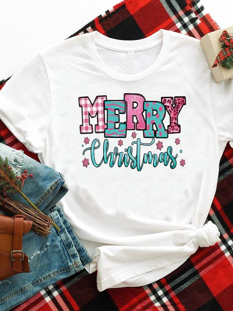 (Asian Size) merry Christmas new year o-neck Women's Top T Clothing Print bow style trend Short Sleeve T-shirts Fashion holiday Graphic Tee