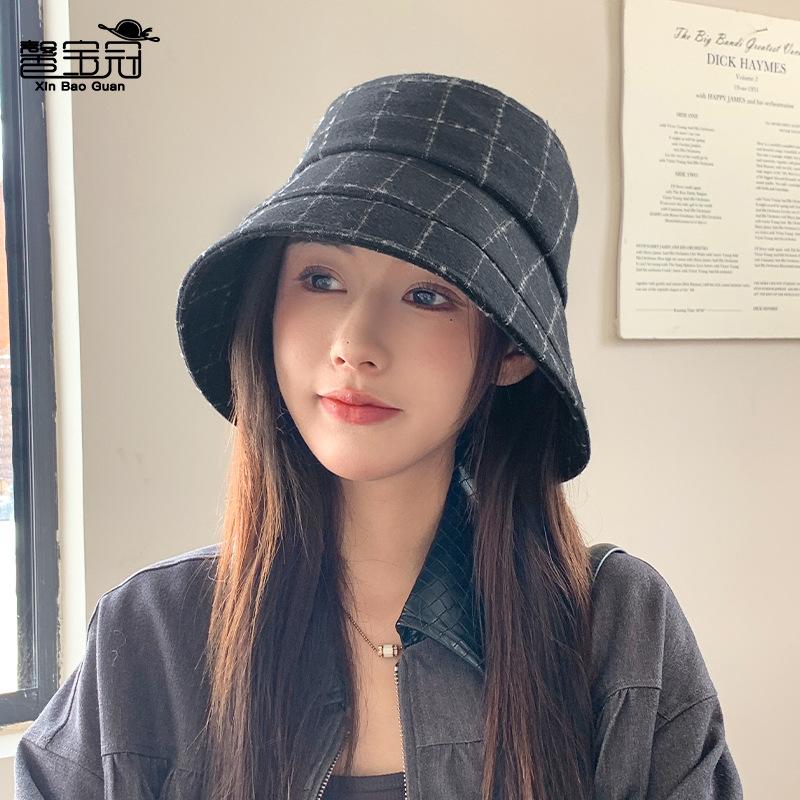Autumn and winter plaid big eaves bucket hat advanced sense bow basin hat temperament versatile show face small hat women