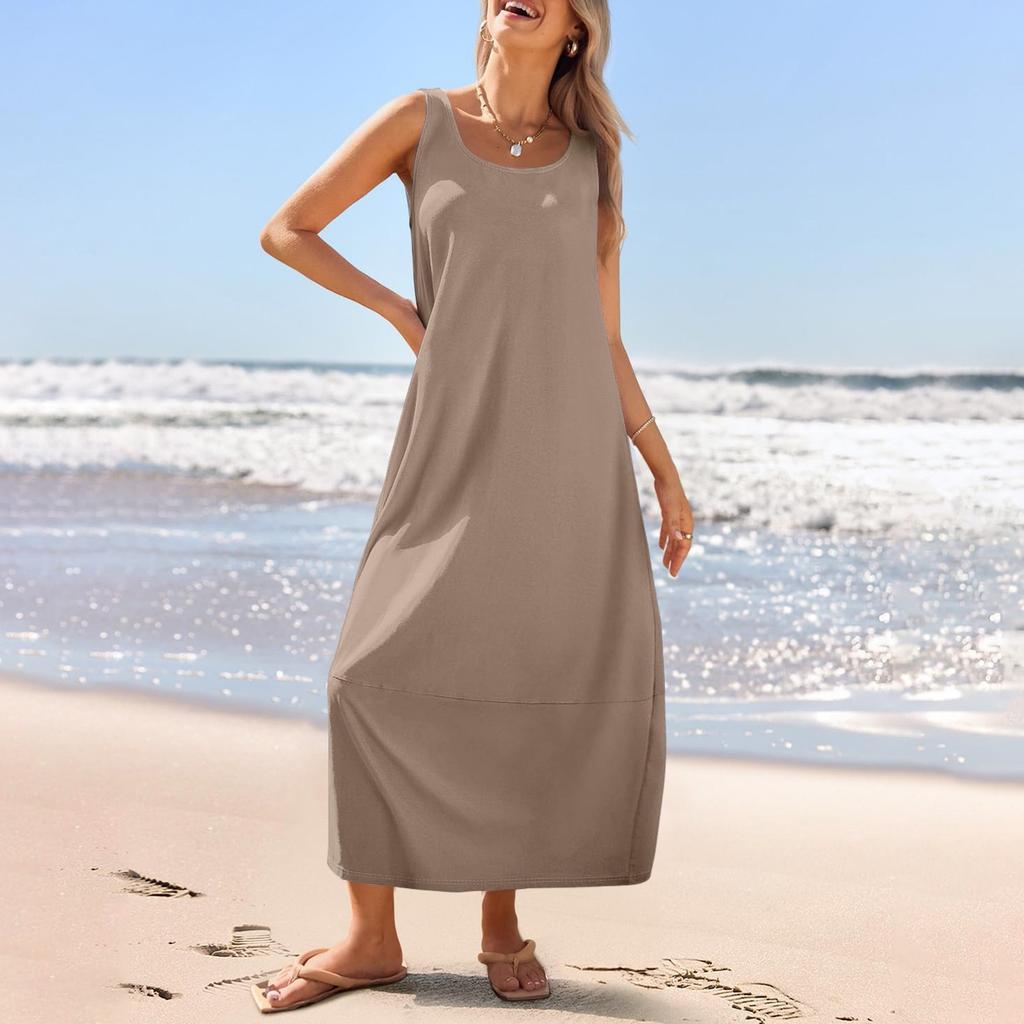Lässiges langes Sommerkleid für Damen, Sommer-Strandkleid, Rundhalsausschnitt, ärmellos, lockeres Sommerkleid