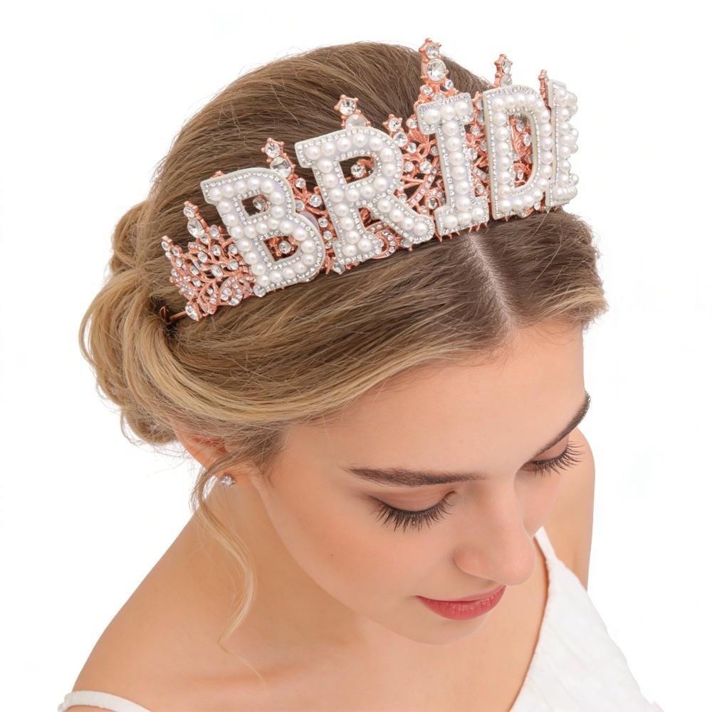 Wedding Decoration White Pearl Letter Crown Shiny Bride Tiara Zinc Zinc Alloy Rhinestone Headband Wife Gift
