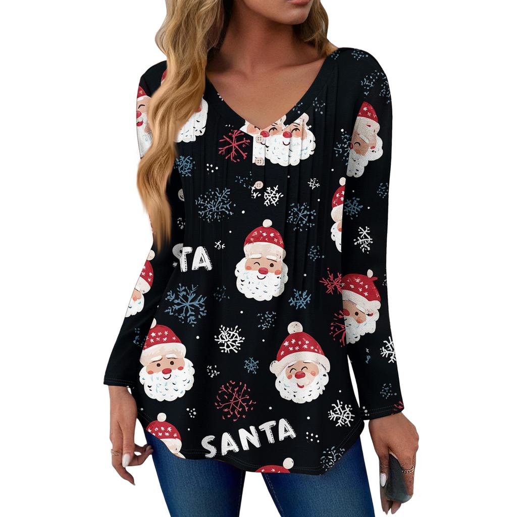 Women's Fashion Casual Christmas Tree Print V-Neck Decorative Button Long Sleeve T-Shirt Top