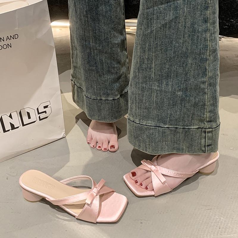 2025 Summer New Fashion Thick Heel Square Toe Open Toe Satin Bow Holiday  Slip-on Women's Sandals