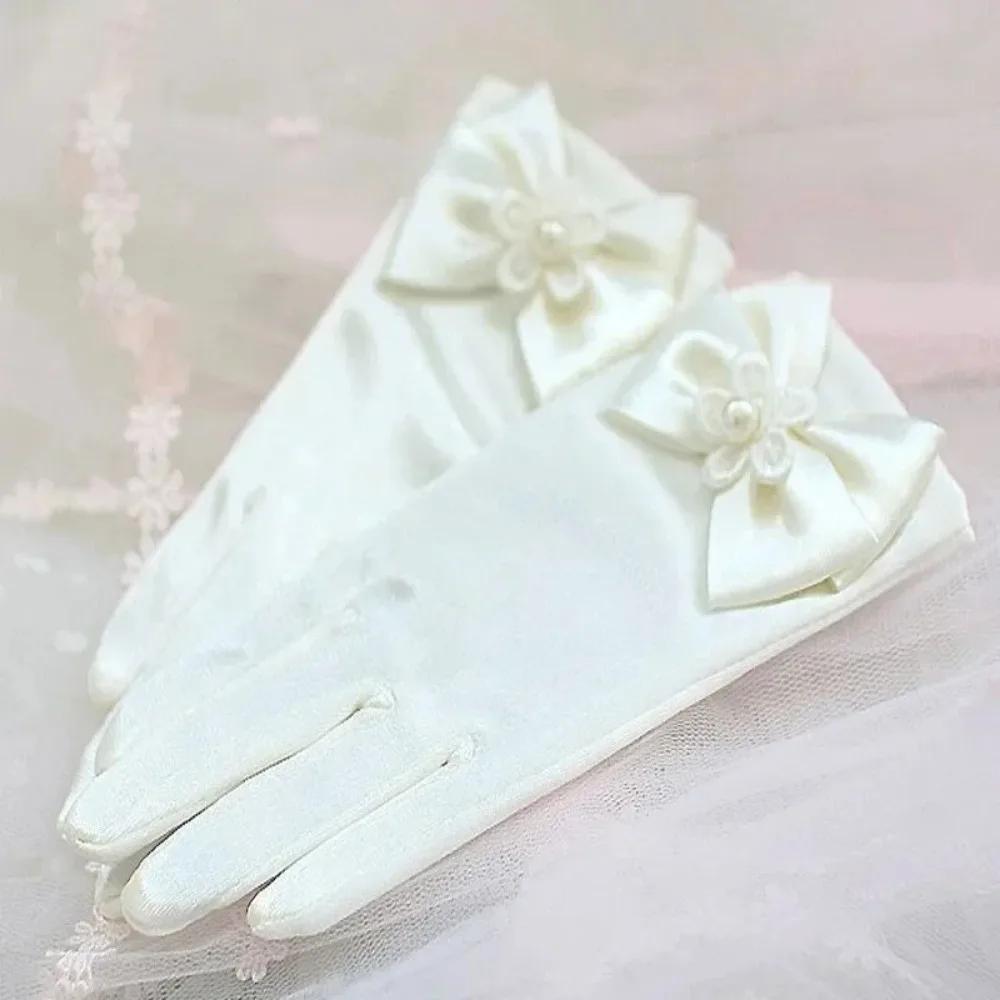New Sweet Satin Flower Child Gloves White Gloves for Kids Children Girls Wedding Gloves with Bow Kids Fashion Children's Mittens