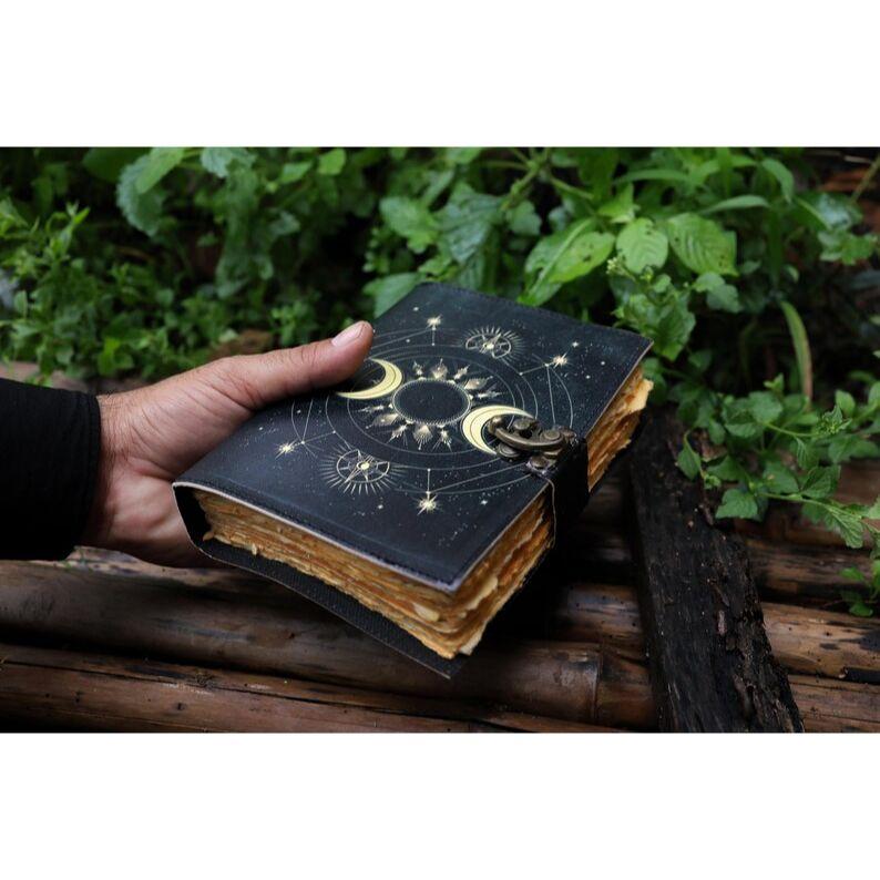 Sun Moon leather journal for Men Women 200 Pages of Antique Handmade Deckle Edge Vintage Paper traveling sketchbook