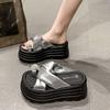 French beautiful platform slippers women's summer wear small 8cm height increase muffin rhinestone cover toes with skirt sandals